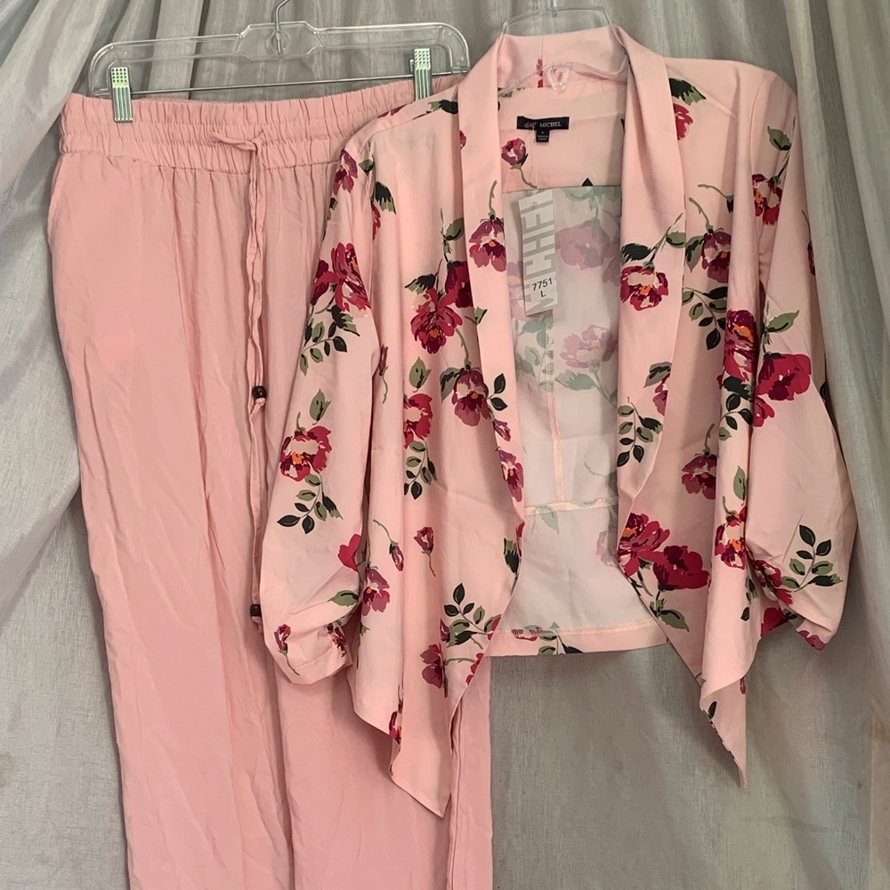 Michele Pink Floral Draped Blazer with Matching Pants